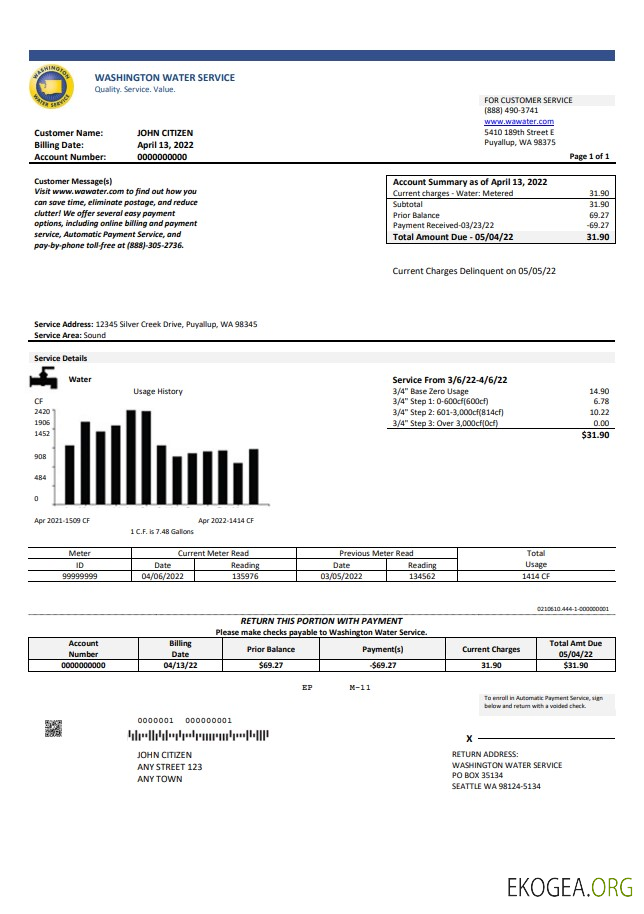 USA Washington Water Service utility bill template in Word and PDF format